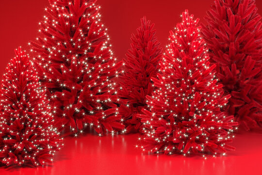 Banner with a group of red realistic Christmas trees on a red background decorated with glowing lights. 3D rendering. Minimalistic New Year's design for a postcard.