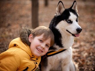 Very smiling young European boy seven years old in the brown pants and yellow jacket is sitting on the ground with the husky dog in the autumn park