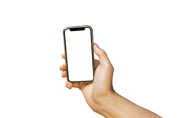 Man holding mobile phone in hand - PNG with transparent background file