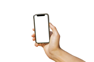 Man holding mobile phone in hand - PNG with transparent background file