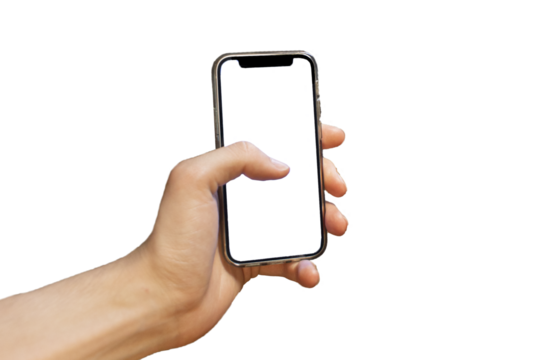 Man holding mobile phone in hand with thumb over the screen - PNG with transparent background file