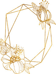 Gold crystal floral frame, thin line shapes with flowers, leaves and pollen