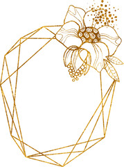 Gold crystal floral frame, thin line shapes with flowers, leaves and pollen