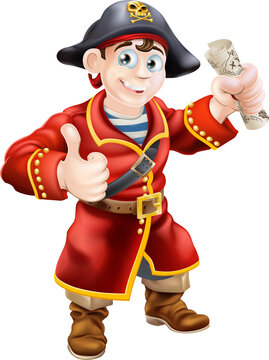 A cartoon pirate giving a thumbs up and holding a treasure map