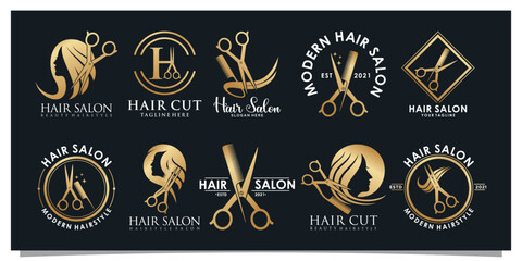 Set bundle hair salon logo design with golden gradient color concept Premium Vector 1 - obrazy, fototapety, plakaty