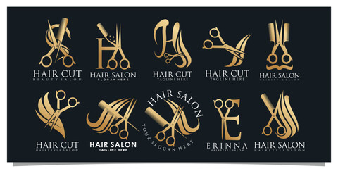 Set bundle hair salon logo design with golden gradient color concept Premium Vector 2