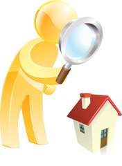 Man scrutinising a house with a magnifying glass, could be looking for a house or doing a home buyers survey