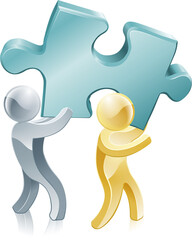 Illustration of two people people holding a big jigsaw piece