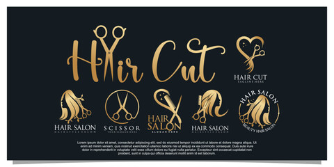 Fototapeta na wymiar Set bundle hair salon logo design with golden gradient color concept Premium Vector 3