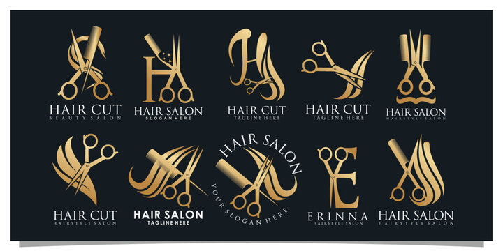 Set bundle hair salon logo design with golden gradient color concept Premium Vector 2
