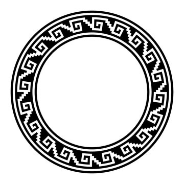 Aztec stepped fret motif, circle frame with meander pattern. Border made of steps, seamless connected to a hook or spiral, similar to Greek key. Also referred to as step fred design or Xicalcoliuhqui.