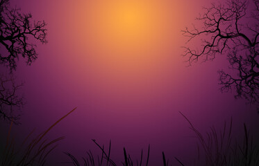 background for halloween. tree silhouettes in orange light with copy space