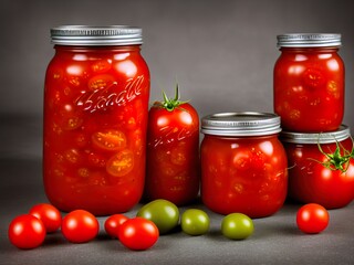 Homemade tomatoes preserves in glass jar. Fresh and canned tomatoes. Different sizes. Tomato can sauce for winter and autumn.  