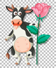 A cow holding pink flower
