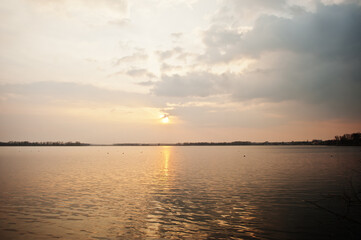 Fototapeta na wymiar Sunset reflection in a lake around Pasohlavky, South Moravia, Czech Republic.