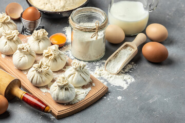 raw khinkali with meat, banner, menu, recipe place for text, top view