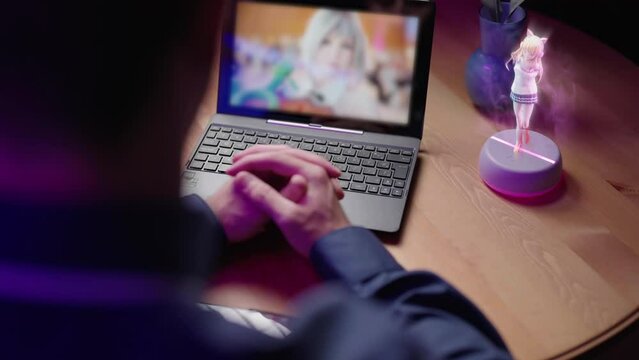 Person watch movies on laptop with 3D anime girl hologram beside interacting 4K