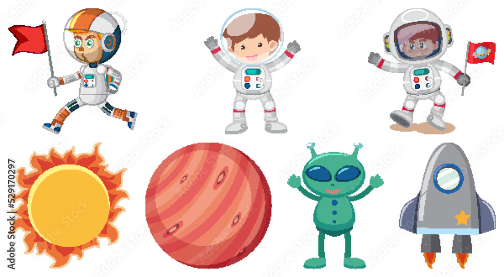 Wall mural set of space cartoon characters and objects