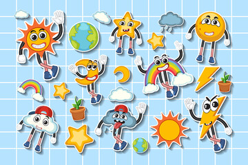 Obraz premium Set of weather sticker cartoon character on grid background