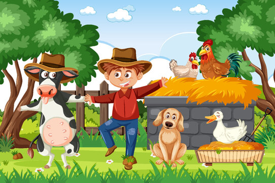 Happy farmer with animals at farm