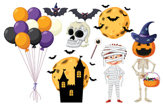 Set of halloween cartoon characters and elements