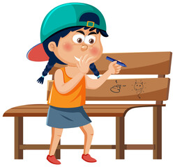 A girl drawing damage to bench public