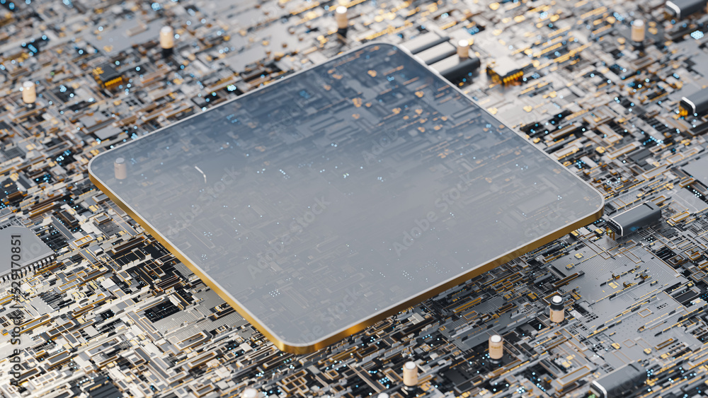 Poster translucent glass mockup floats on the circuit board. can be used text input or banner related to in