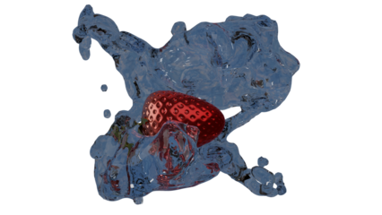 Blue water splash from water stream is colliding with red crystal strawberry (3D Rendering)