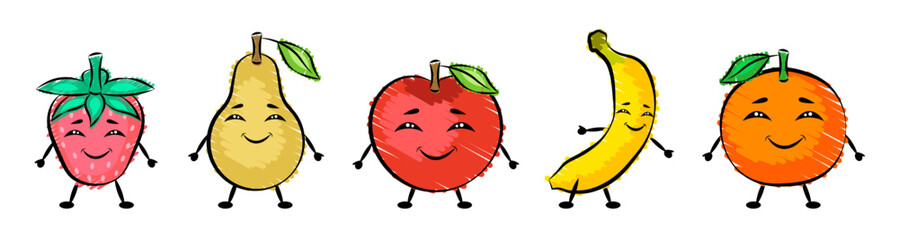 Funny smiling fruits set. Fruit doodles isolated vector. Strawberry, pear, apple, banana and orange. For internet, printing, product design, logo. Line, contour. Vector hand-drawn flat illustration.