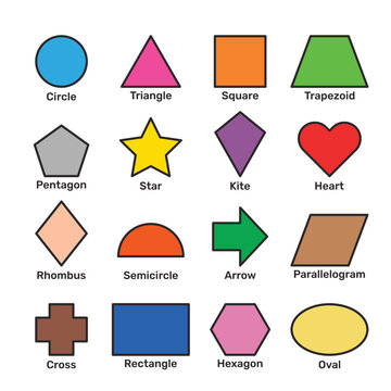 Learn basic 2D shapes with their vocabulary names in English. Colorful shape flash cards for preschool learning. Illustration of a simple 2 dimensional flat shape symbol set for education.