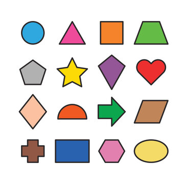Collection of basic 2D shapes for kids learning, colorful geometric shape flash cards for preschool and kindergarten. Illustration of a simple 2 dimensional flat shape symbol set for education.