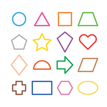Collection of basic 2D shapes for kids learning, colorful geometric shape flash cards for preschool and kindergarten. Illustration of a simple 2 dimensional flat shape symbol set for education.