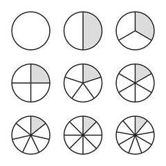 Fractional circle line chart icon. Ratio and some linear vector icons. The round shape of a pie or pizza is cut in evenly spaced dotted slices. Linear illustration of a simple business chart.
