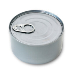 Mock up silver metal tin can, tuna canned plain label isolated clipping path with shadow
