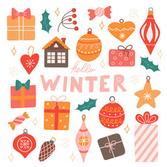 Winter vector set of Christmas tree toys, plants and berries on green background in flat style