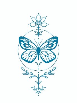 Linear silhouette of a blue butterfly in a circle. Elegant composition. hand drawn sketch isolated on white background. use for logo, for tattoo, for design of labels or printed cards, stickers