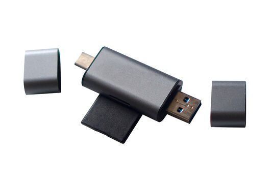 Image of Card Reader OTG Type-C USB 3.0 2in1 for all types of smartphones with type-C connectors and USB connectors on white background, perfect for Graphic assets