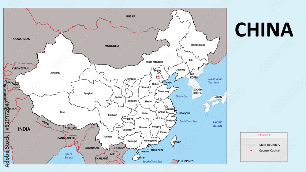 Wall mural china map. state and province map of china. administrative map of china with district and capital in