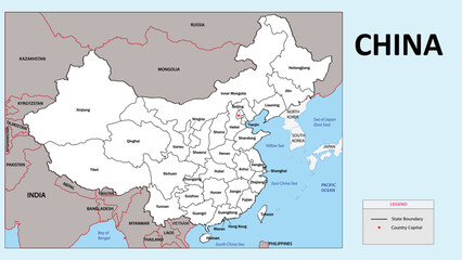 China Map. State and province map of China. Administrative map of China with district and capital in white color.