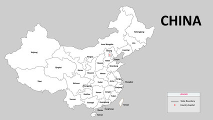 China Map. State and province map of China. Administrative map of China with district and capital in white color.