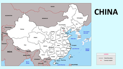 China Map. State and province map of China. Administrative map of China with district and capital in white color.