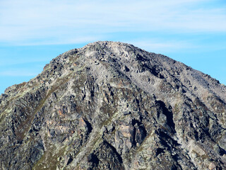 Rocky alpine peak Sentisch Horn (2826 m) of the Albula Alps mountain range in the Swiss Alps massif, Davos - Canton of Grisons, Switzerland (Kanton Graubünden, Schweiz)