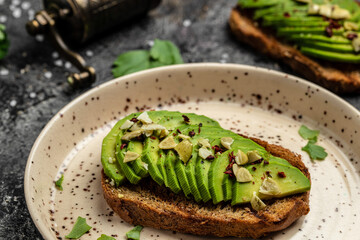 toasts with avocado, rye bread, sliced avocado. Vegetarian Vegan menu, recipe. Delicious breakfast or snack, Clean eating, dieting, vegan food concept. top view