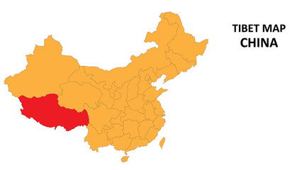 Tibet province map highlighted on China map with detailed state and region outline.