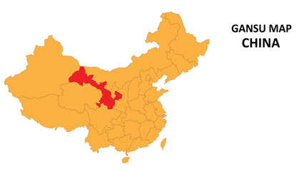 Gansu province map highlighted on China map with detailed state and region outline.