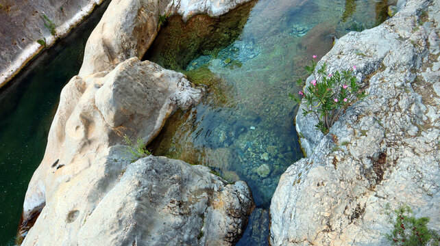 Beautiful unique landscape, mountain river, bay among the rocks, natural pools, SPA, Ontinyent, Spain