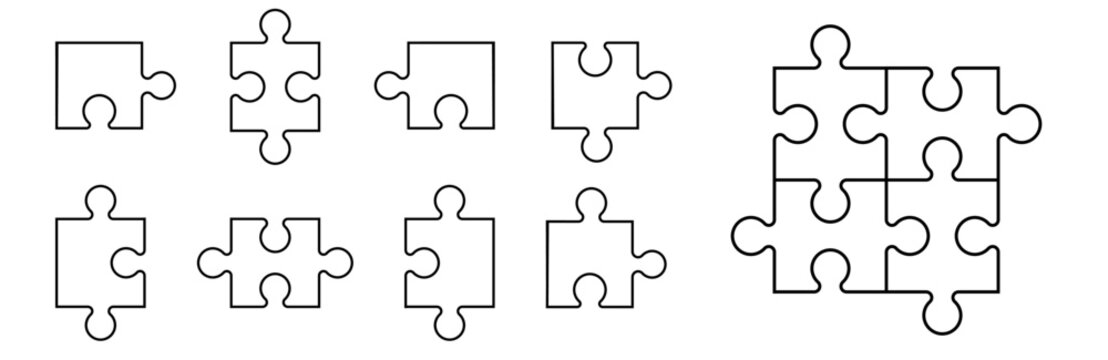 Simple pieces of puzzle. Vector outline icon of puzzle. White jigsaw image.