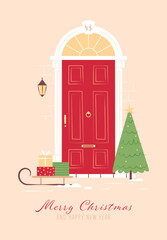 Merry Christmas and Happy New Year. Vector illustration of winter red front door with decoration, Christmas tree, sled and gifts. Decorations house. Background for greeting card, web, banner, postcard