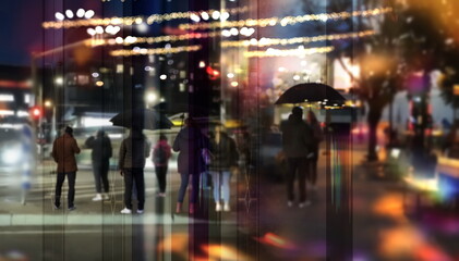 night city light , rainy  windows view  people walk with umbrella cold season Autumn background urban scene