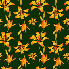 A pattern of orange lilies on a black background.